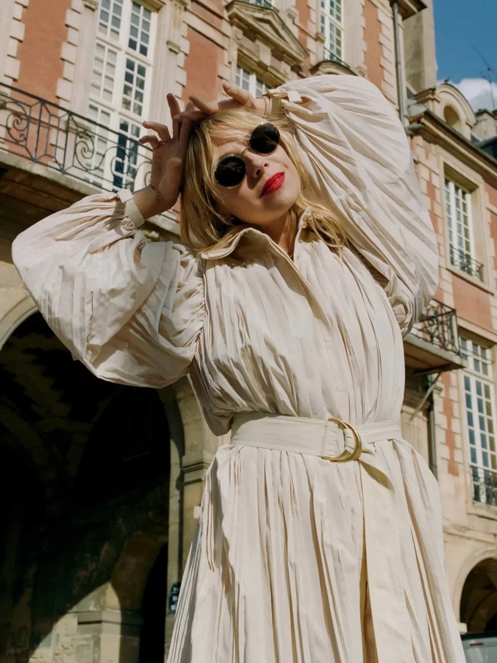 Aje Prima Pleated Long Sleeve Midi Dress in Light Beige - Picture 6 of 6